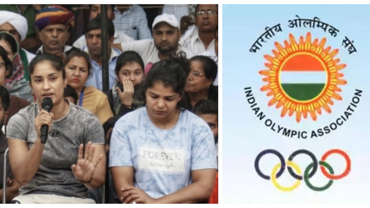 Protesting wrestlers Vinesh Phogat (left) and Sakshi Malik at Jantar Mantar; Indian Olympics Association logo (photo: IANS)