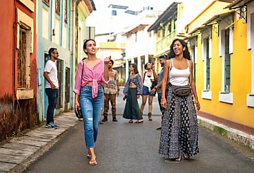 Tourists on a heritage walk in Fontainhas, Goa 