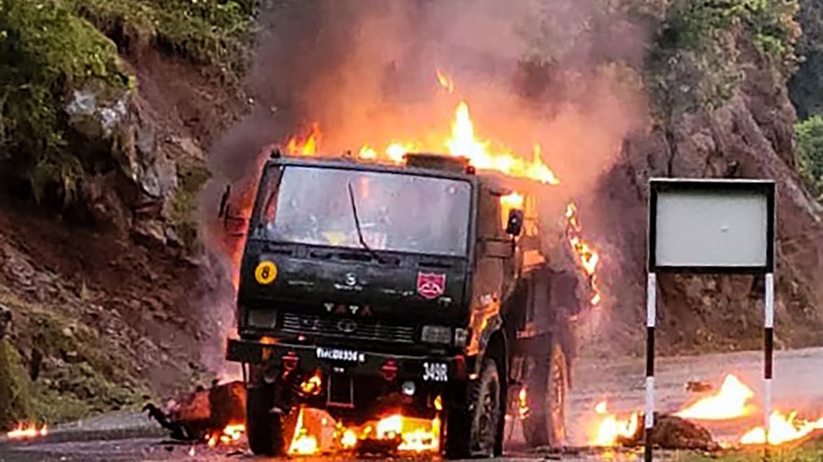 An army vehicle in flames after a terror attack in Mendhar in Poonch district on Thursday, April 20, 2023. (PTI Photo)