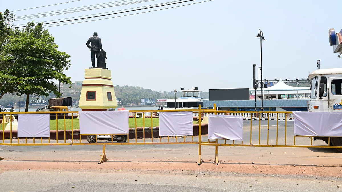 While cloth covers over metal barricades with casino branding in Panaji during the G20 meetings underway in the city.