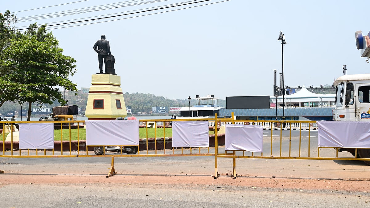 While cloth covers over metal barricades with casino branding in Panaji during the G20 meetings underway in the city.