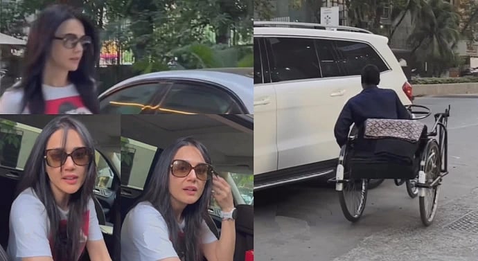 Indian paparazzi captured a man in a wheelchair following Zinta's car after she left in hurry refusing to stop for photos.