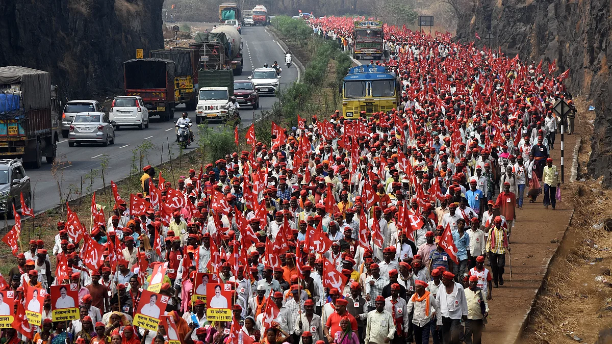 Maharashtra farmer's long march from Nashik to Mumbai in March, 2023. (Source: Getty Images)