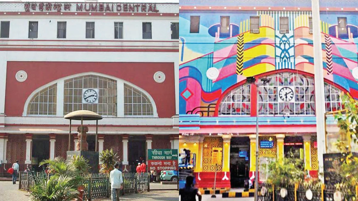 (Before-After) Covered in luridly coloured Art Deco motifs, Mumbai Central, one of the city’s iconic façades, has been vandalised, paying no heed to the original architectural intent and aesthetic choices.