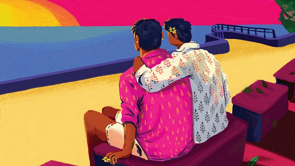 An illustration of a queer couple at the beach witnessing a sunset (Illustration: Harmeet Rahal/ PinkList India)