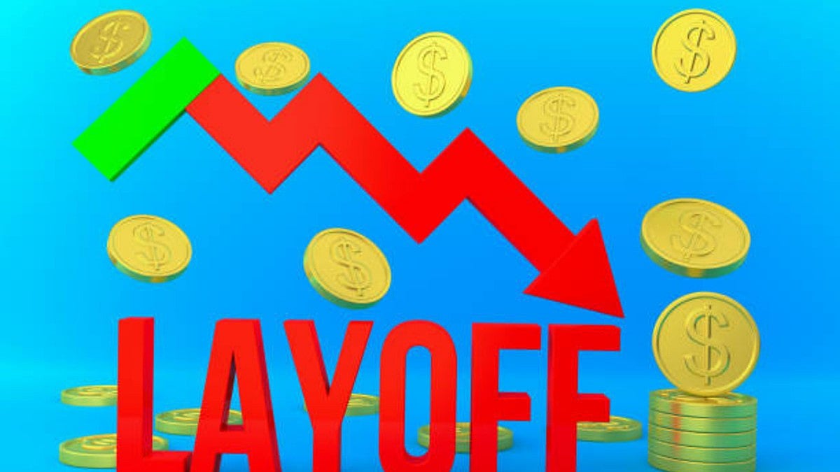 The text Layoff surrounded by gold dollars