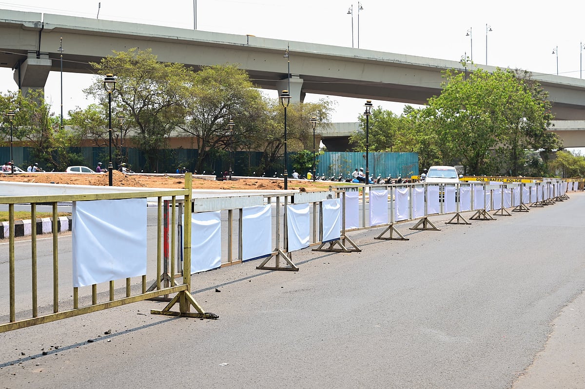 While cloth covers over metal barricades with casino branding near the Kadamba bus stand in Panaji where the G20 meetings are underway. 