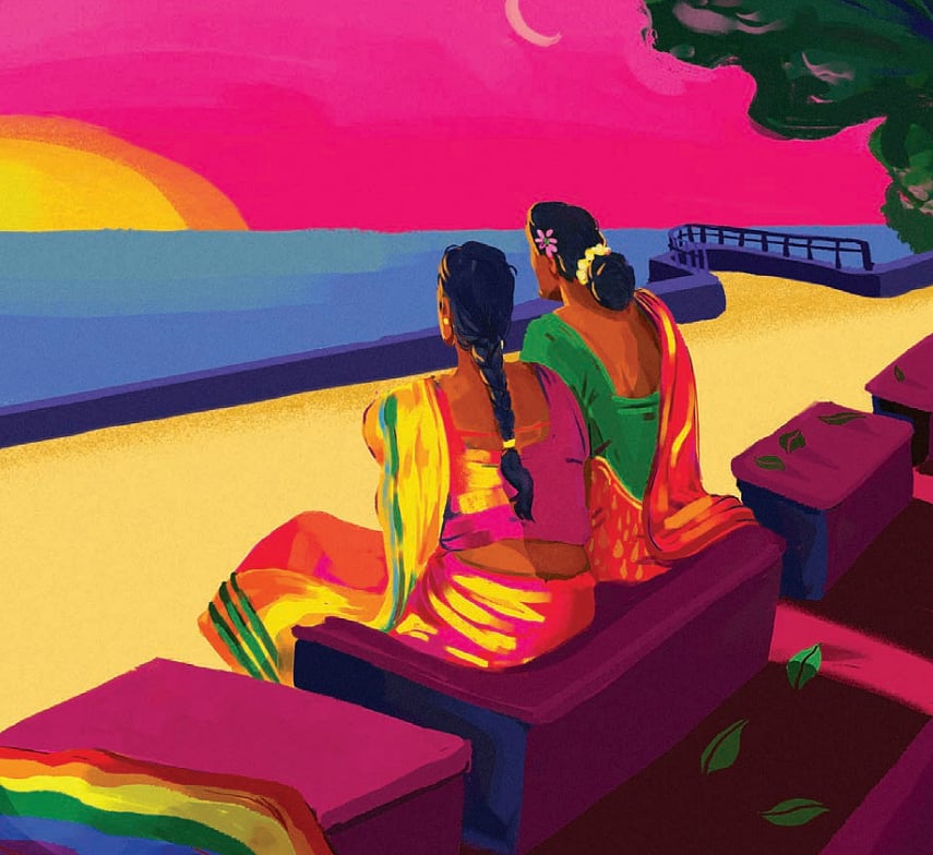 An illustration of a queer couple at the beach witnessing a sunset (Illustration: Harmeet Rahal/ PinkList India)