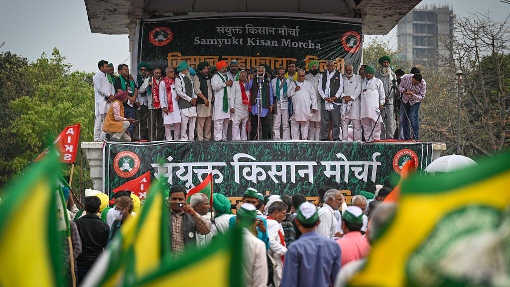 Kisan leaders at a rally organised by Samyukt Kisan Morcha at Ramlila Maidan on 20 March 2023 in New Delhi. 
Photo: Getty Images