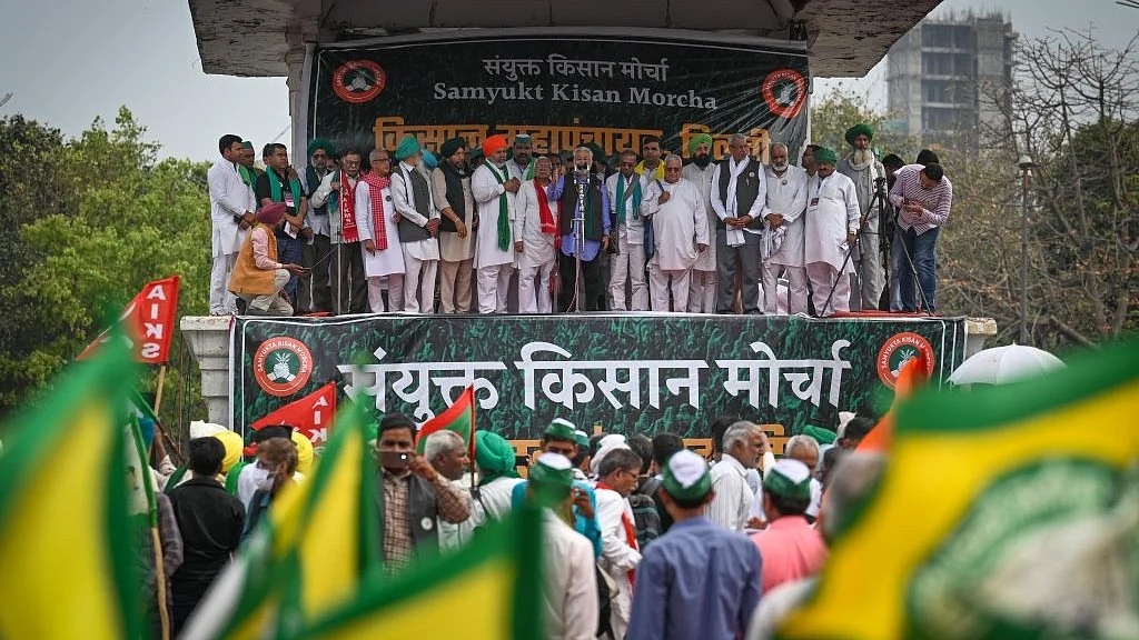 Kisan leaders at a rally organised by Samyukt Kisan Morcha at Ramlila Maidan on 20 March 2023 in New Delhi. 
Photo: Getty Images
