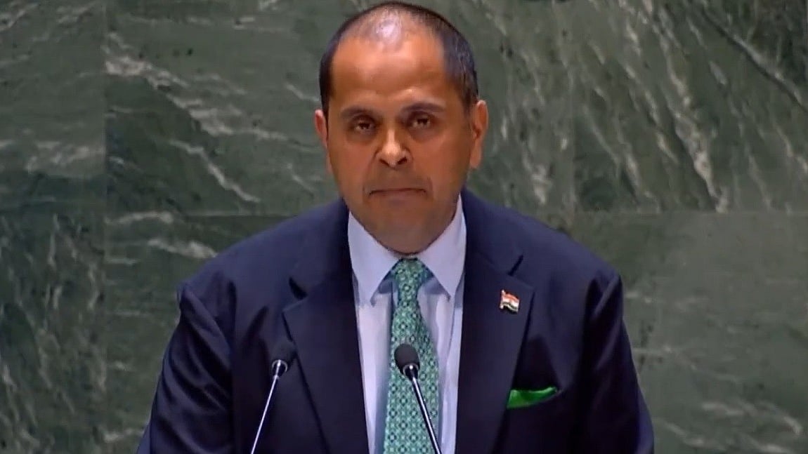 Pratik Mathur, a counsellor at India's United Nations Mission addresses the General Assembly on Wednesday, April 26, 2023, on the use of veto powers by permanent members of the Security Council. (Photo courtesy the UN).