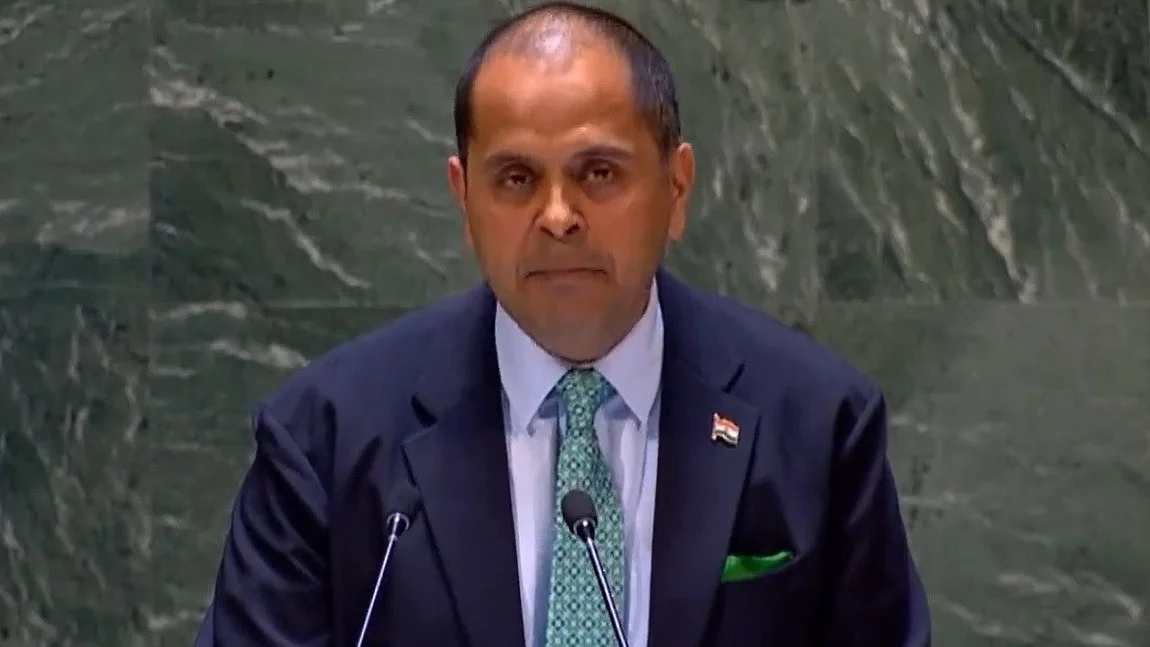 Pratik Mathur, a counsellor at India's United Nations Mission addresses the General Assembly on Wednesday, April 26, 2023, on the use of veto powers by permanent members of the Security Council. (Photo courtesy the UN).