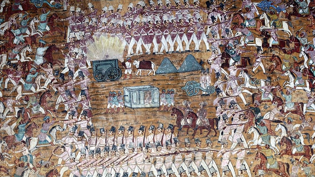 This rare mural shows a cart with British ammunition being blown by a rocket launched by Tipu Sultan’s army at the Battle of Pollilur in 1780. Tipu’s army defeated
the British East India Company in the second Anglo–Mysore war
