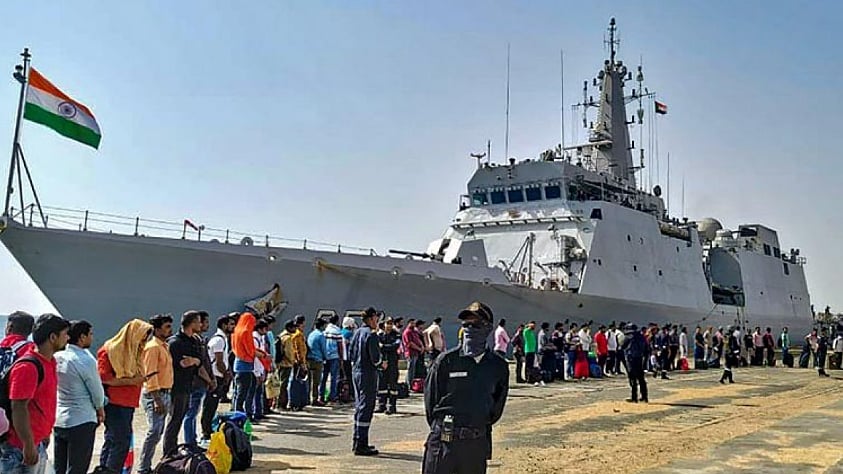 Port Sudan: Stranded Indians queue up to board INS Sumedha as they are leaving violence-hit Sudan for Jeddah under 'Operation Kaveri', in Port Sudan, Tuesday, April 25, 2023 (Source: PTI)