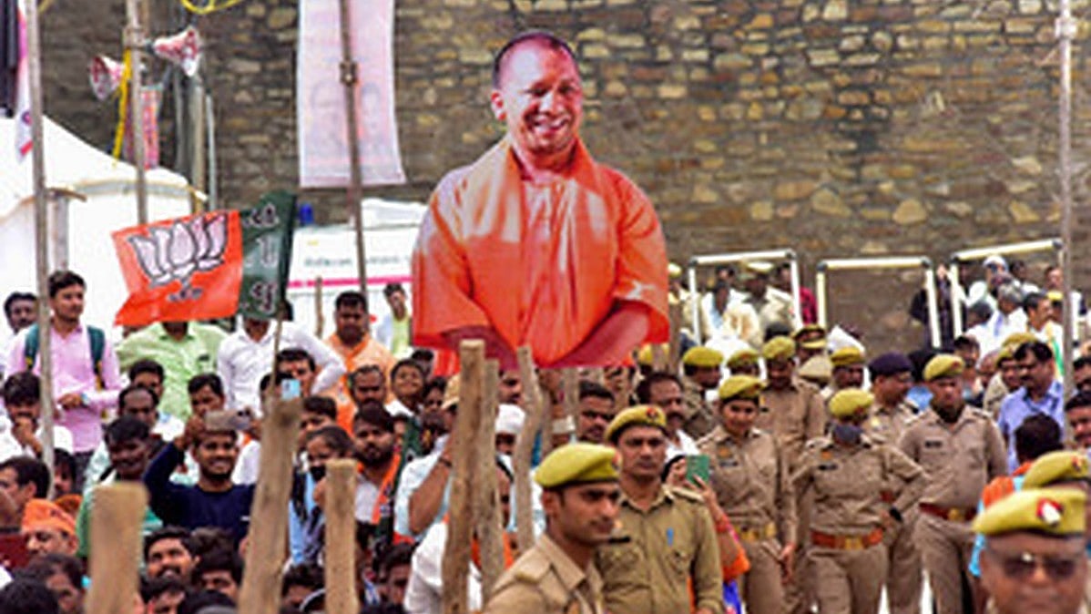 Uttar Pradesh Chief Minister Yogi Adityanath's poster (Photo courtesy: PTI)