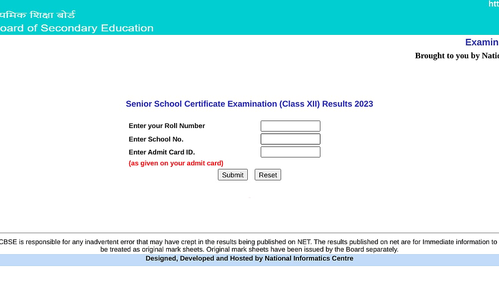 Login interface for the CBSE results on the board's site (photo courtesy CBSE)