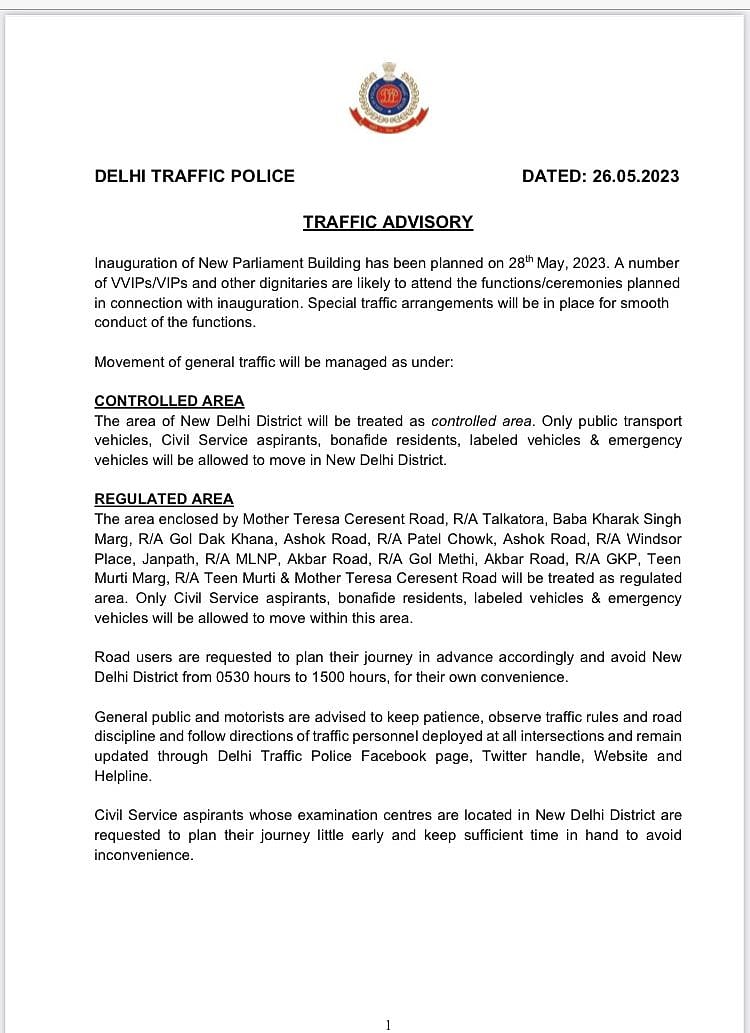 Delhi Police issues traffic advisory for new Parliament’s inauguration on Sunday
