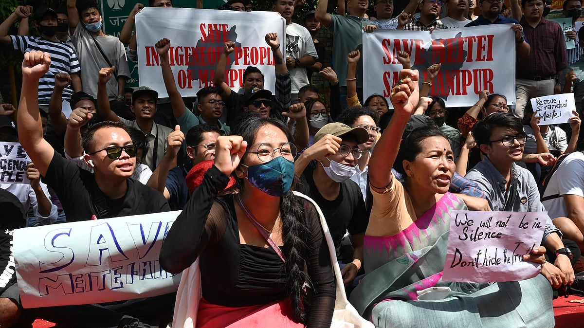 People from Manipur's Meitei community staging a protest at Jantar Mantar against the ongoing violence in Manipur state (photo: Getty Images)