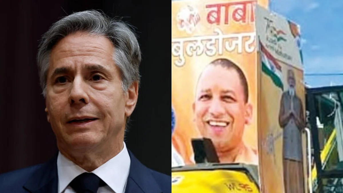 Antony Blinken (left); bulldozer rally with photos of Yogi Adityanath and PM Modi (right) (Photo: Getty Images)