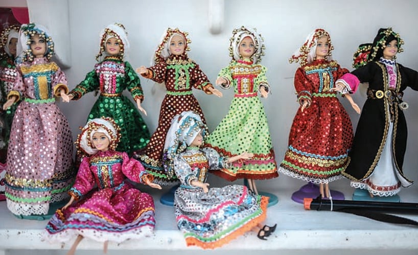 Barbie dolls dressed in mini traditional costumes made by Mrs. Rigopoula, Olympos village,
Karpathos Island.