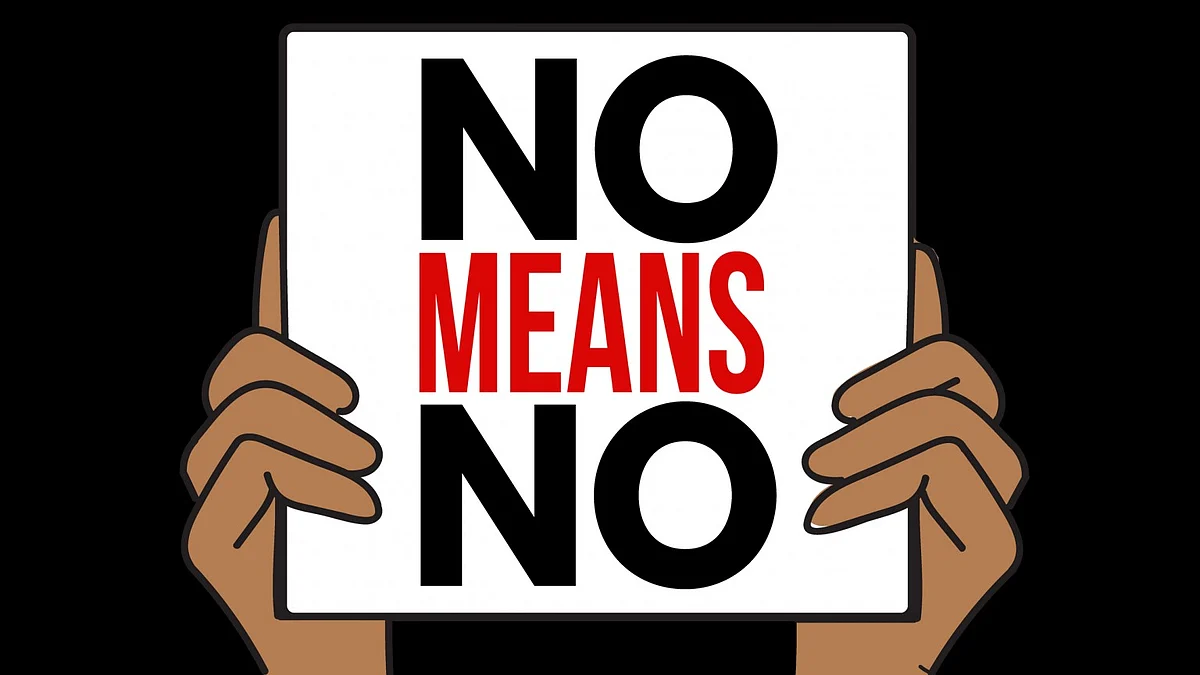 An illlustration of hands holding a placard that reads 'No Means No' (Photo Courtesy: Simlyn J/Feminism In India)