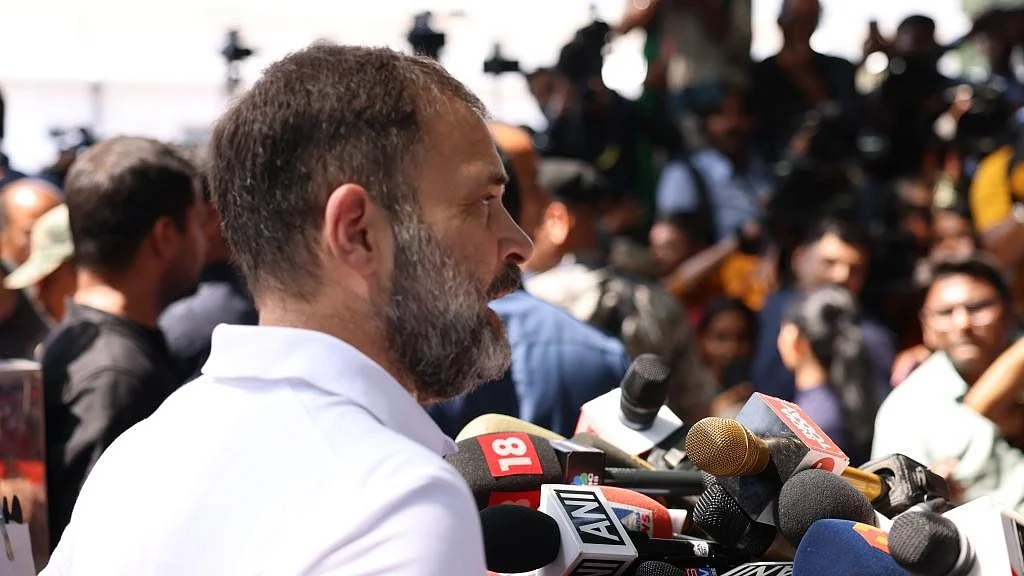 Rahul Gandhi addressing media at the All India Congress Committee office (photo courtesy the Indian National Congress)