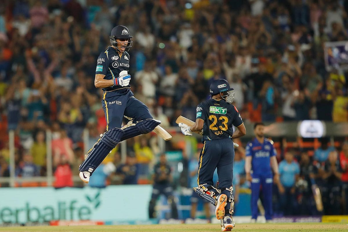 Gujarat Titans star-player Shubman Gill celebrating their victory over Mumbai Indians at the Qualifier 2 match of IPL 2023 in Ahmedabad on  Friday night, May 26. (Photo: @ShubmanGill/Twitter)