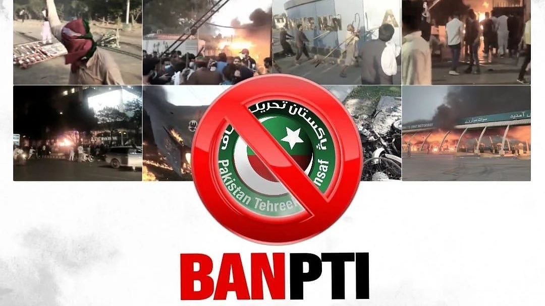 Photographs of rioting in Pakistan foregrounded by the logo and text Ban PTI (Photo Courtesy: Twitter/ @MuaazAsif14)
