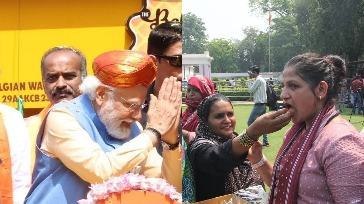 PM Modi's road show in Bengaluru (left) (Photo Courtesy: BJP); Congress party workers celebrating election victory (right)
(NH Photo by Vipin)
