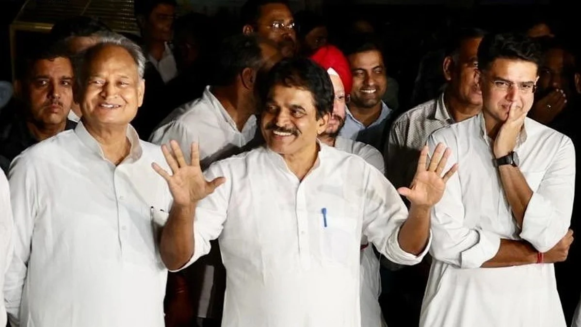 Ashok Gehlot, K.C Venugopal and Sachin Pilot (photo courtesy @kcvenugopalmp/Twitter)