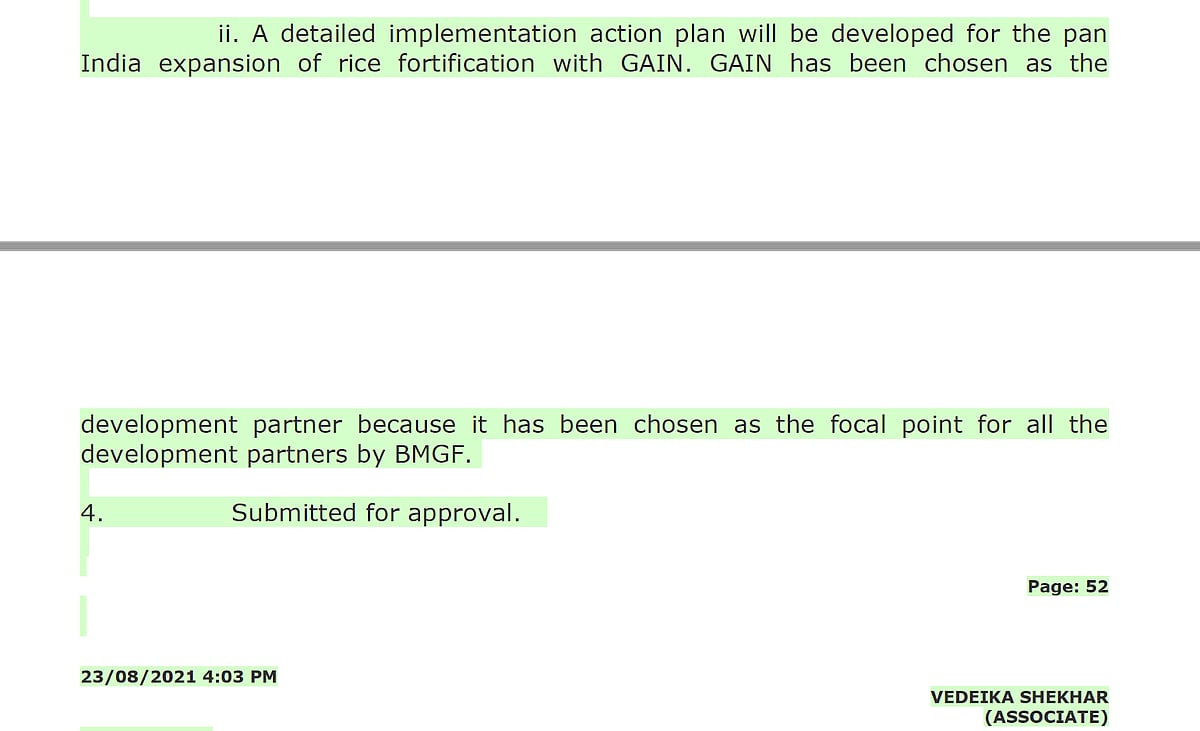NITI Aayog file showing the government’s decision to appoint GAIN as development partner for expansion of rice fortification across India (photo courtesy The Reporters' Collective)