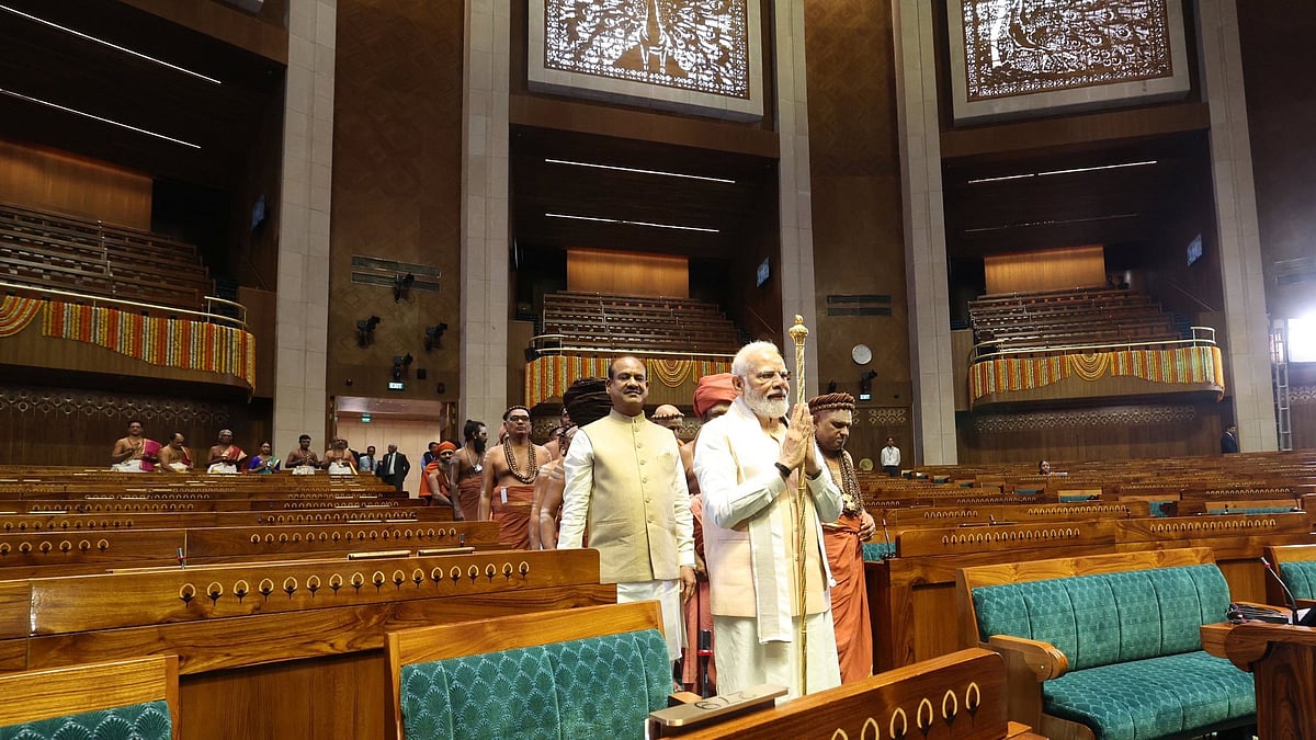 Modi inside the new parliament building. Photo: @narendramodi/Twitter 