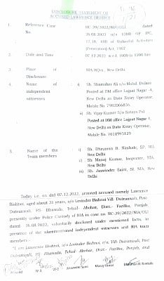 Disclosure statement of the accused Lawrence Bishnoi (IANS Photo)
