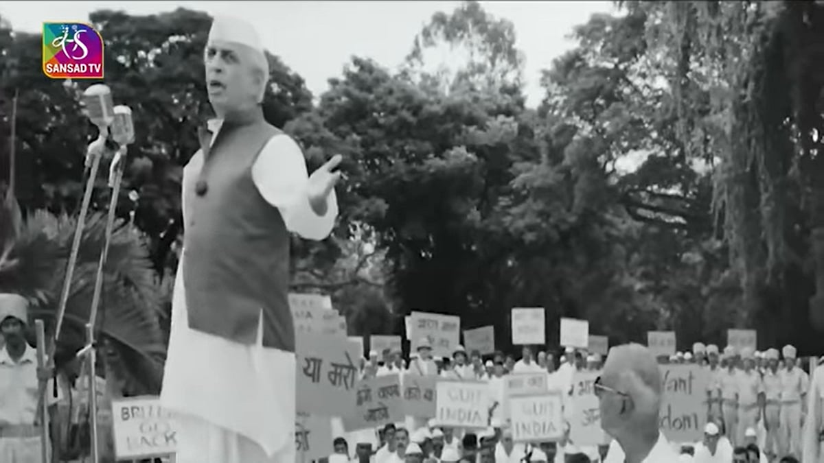 A screengrab of the 'documentary' released by Sansad TV in which an actor is enacting the former PM Nehru (photo courtesy Sansad TV)