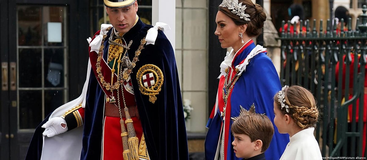 Prince William, the heir apparent to the British throne and Kate Middleton, the Princess of Wales, with Princess Charlotte and Prince Louis arrive at Westminster Abbey.