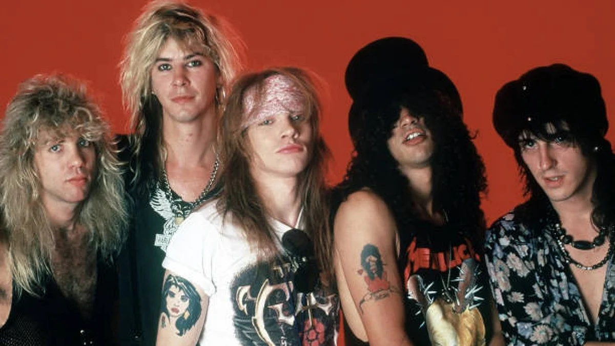 Drummer Steven Adler, Duff McKagan, vocals Axl Rose, guitarist Slash and guitarist Izzy Stradlin of the music group Guns N' Roses (Photo by Ross Marino/Getty Images)