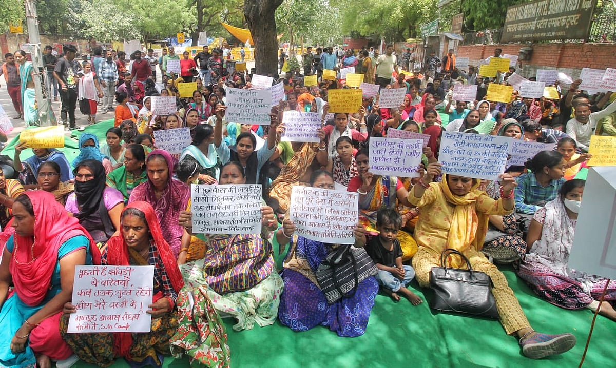 Displaced residents of Tughlaqabad staged a sit-in dharna to demand rehabilitation at Jantar Mantar in New Delhi on Monday (NH Photos by Vipin)