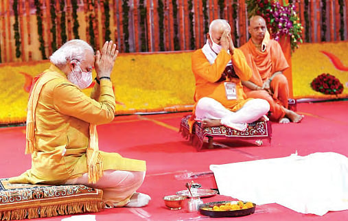PM Narendra Modi performs ‘bhoomi pujan’ for the Ram temple in Ayodhya, Uttar Pradesh, 5 August 2020 (Photo: Getty images)