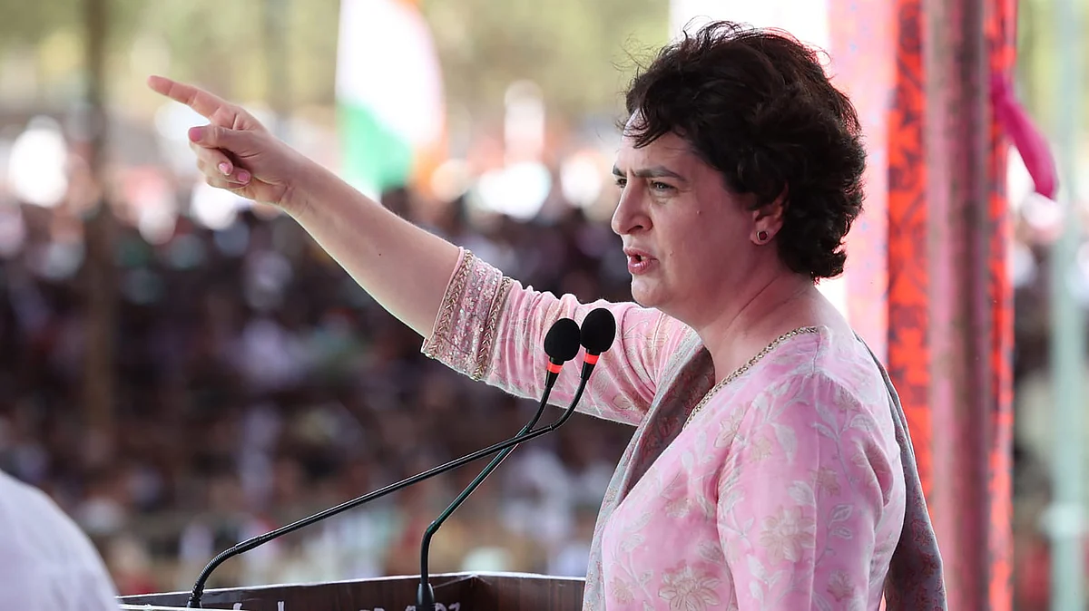 Priyanka Gandhi Vadra giving speech at a public meeting in Jamkhandi's Bagalkote district. (Photo courtesy: PTI)