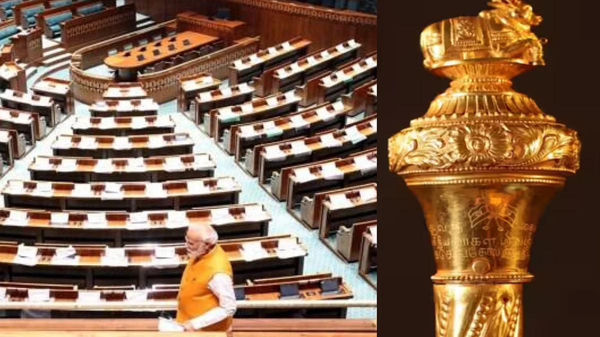PM Modi surveys the new Parliament building (left); the 'sengol' (sceptre) set to be installed there on May 28 (photos courtesy PMO & GOI)