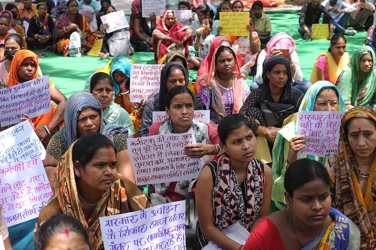Displaced residents of Tughlaqabad staged a sit-in dharna to demand rehabilitation at Jantar Mantar in New Delhi on Monday (NH Photos by Vipin)