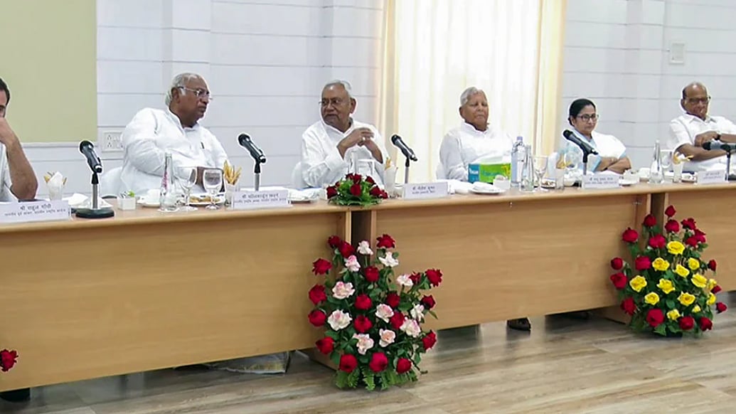 (L-R); Rahul Gandhi, Mallikarjun Kharge, Nitish Kumar, Lalu Prasad Yadav, Mamata Banerjee, Sharad Pawar, Arvind Kejriwal (photo courtesy: ANI)