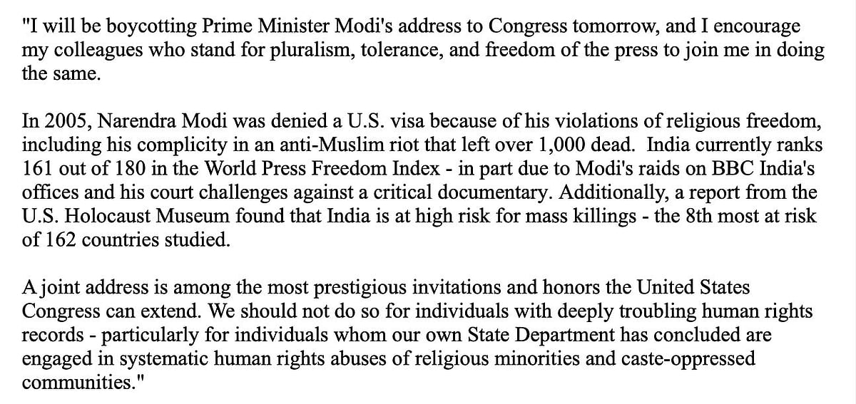 Alexandria Ocasio-Cortez's letter announcing her boycott of the joint- address (Photo Courtesy: @AOC/Twitter)