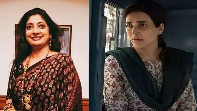 Jigna Vora (left) and actor Karishma Tanna who portrays her in 'Scoop'. (photo courtesy: @JignaVora5/Twitter)