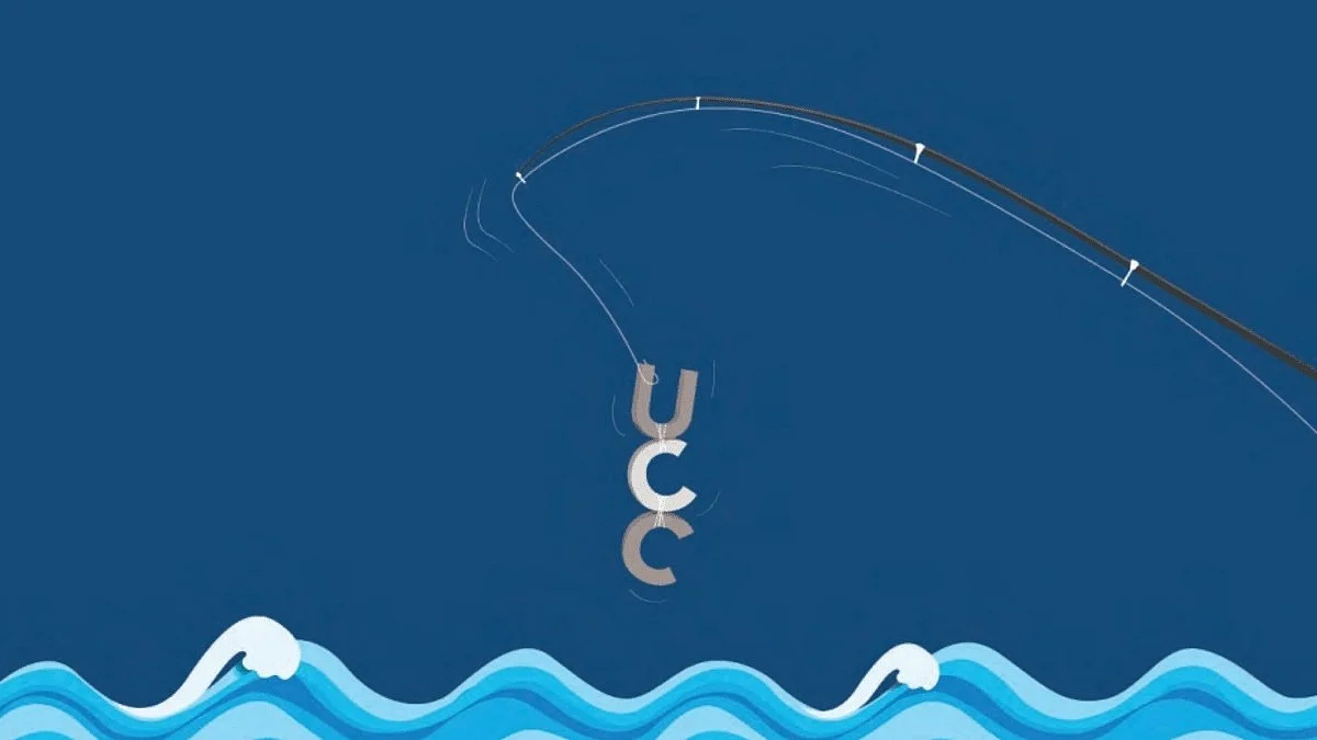 An illustration of the letters 'UCC' on the end of a fishing rod, strung like bait (illustration: P. Suresh/National Herald)