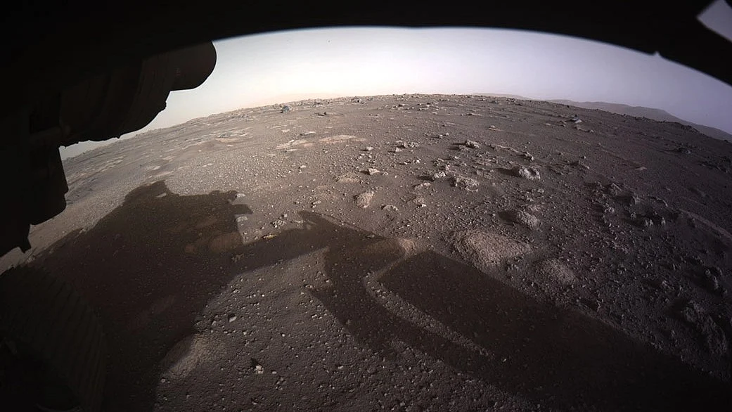 The first high-resolution, color image to be sent back by the Hazard Cameras (Hazcams) on the underside of NASA’s Perseverance Mars rover  (photo: NASA via Getty Images)