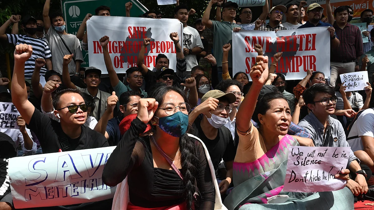 A group of people from Manipur's Meitei community stage a demonstration in Delhi (photo: Getty Images)
