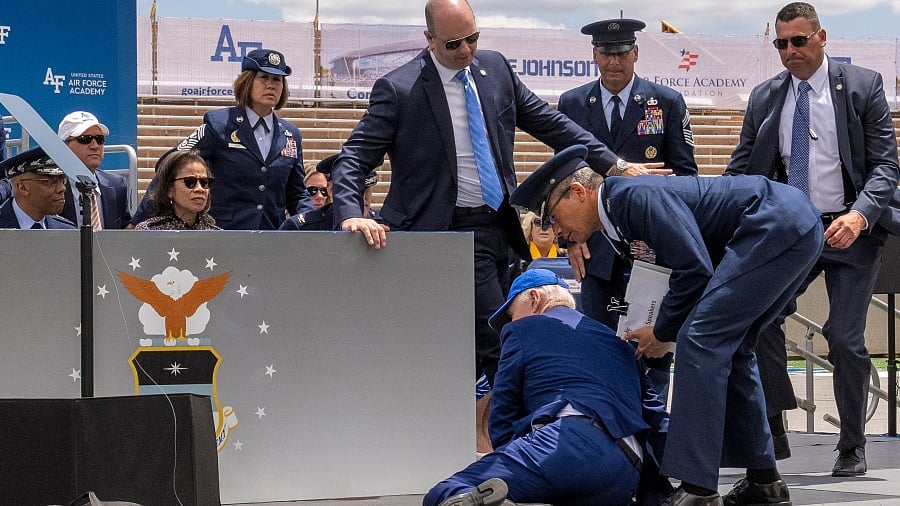 Screen grab of US President Joe Biden tripping and falling down on Thursday, May 30 at the US Air Force Academy graduation event at Colorado.