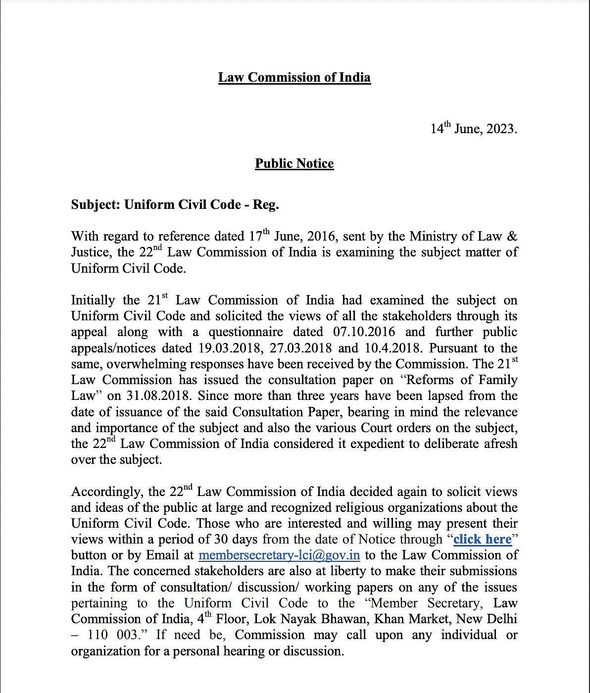 Law Commission seeks views from public, religious bodies on Uniform Civil Code