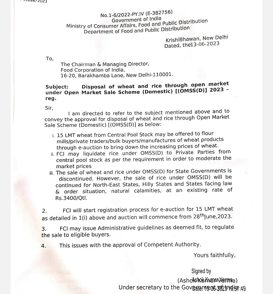 Copy of the FCI order of June 13 to discontinue sale of wheat and rice to state governments under the OMSS (D) 